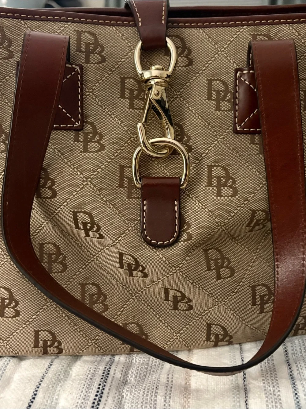 Dooney & Bourke Tan/Brown Signature Jacquard Tote with Leather Trim
